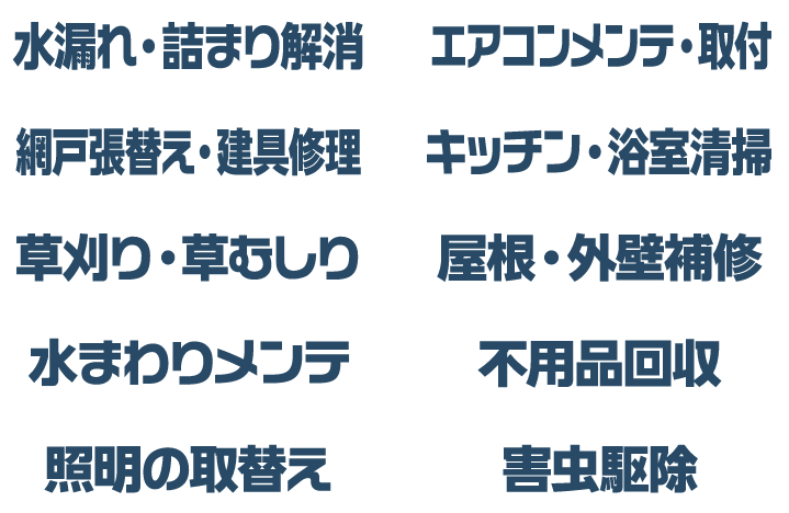 水漏れ・詰まり解消、網戸張替え・建具修理、草刈り・草むしり、水まわりメンテ、照明の取替え、エアコンメンテ・取付、キッチン・浴室清掃、屋根・外壁補修、不用品回収、害虫駆除
